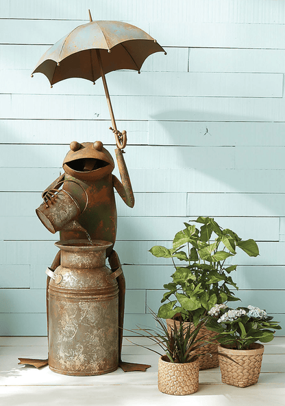 Farmhouse Country Garden Whimsical Frog w/ Watering Can Fountain Iron - The Primitive Pineapple Collection