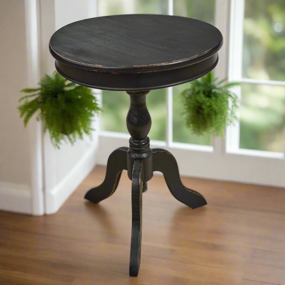 Primitive Colonial Distressed Black 22" Pedestal Accent Table w/ Drawer 22" H - The Primitive Pineapple Collection
