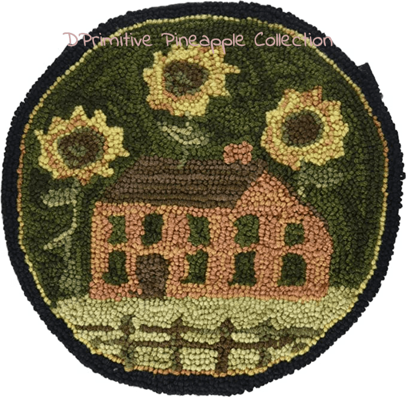 Primitive Farmhouse House and Sunflower Hooked Chair Pad 14.5&quot; - The Primitive Pineapple Collection