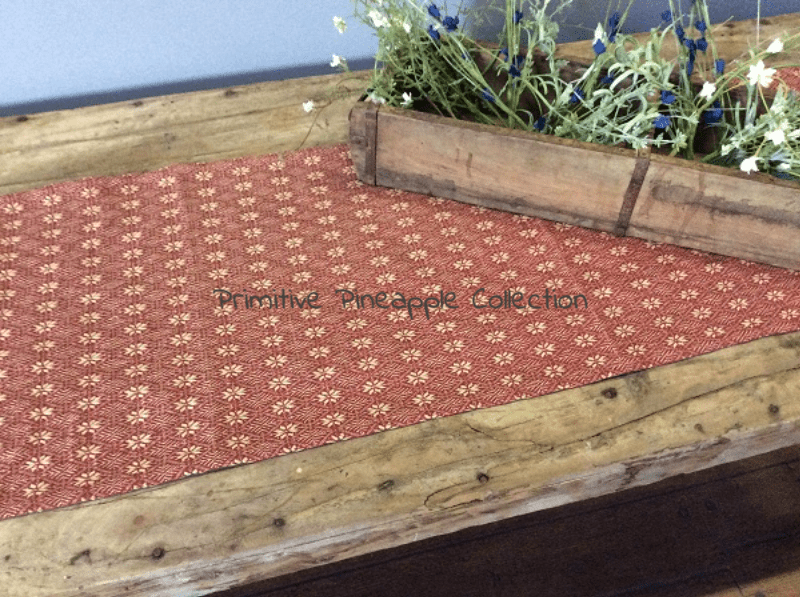 Primitive Packville Cranberry, Linen 14&quot; x 32&quot; Woven Cotton Runner Farmhouse - The Primitive Pineapple Collection