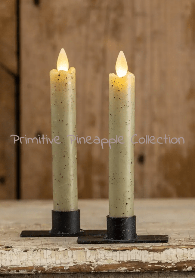 Primitive Country 6.75&quot; Moving Flame 2 pc Green Flicker Taper Candle 6hr timer - The Primitive Pineapple Collection