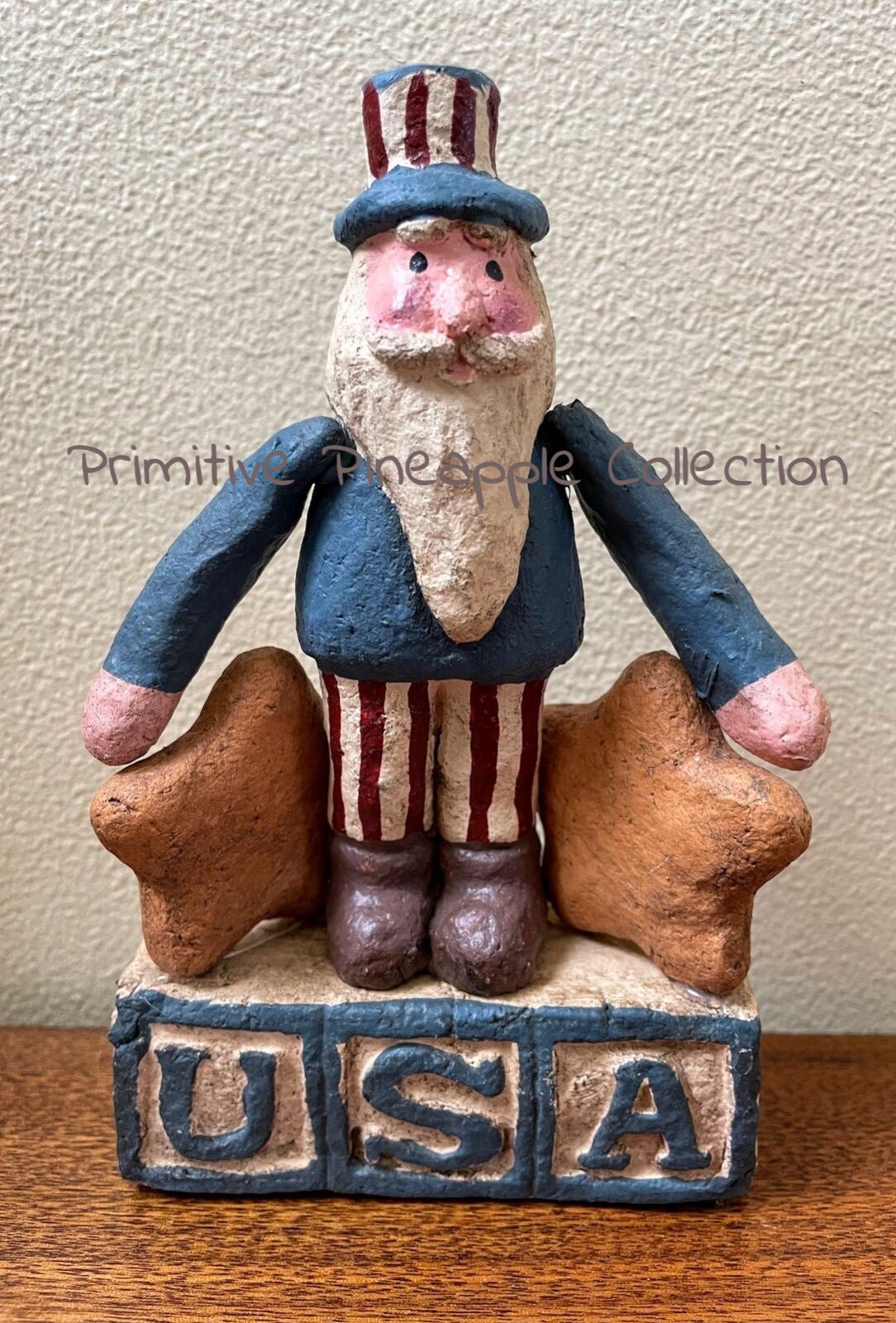 Primitive Country Rustic Paper Mache 5.5” Patriotic Uncle Sam on USA w/ Stars - The Primitive Pineapple Collection