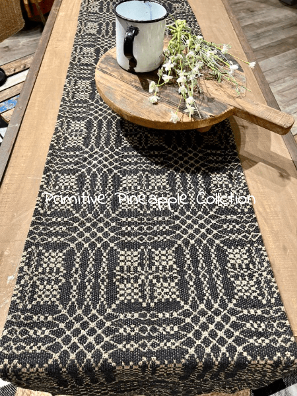 Primitive Nantucket Weave Black and Beige 14&quot; x 32&quot;Runner Farmhouse - The Primitive Pineapple Collection