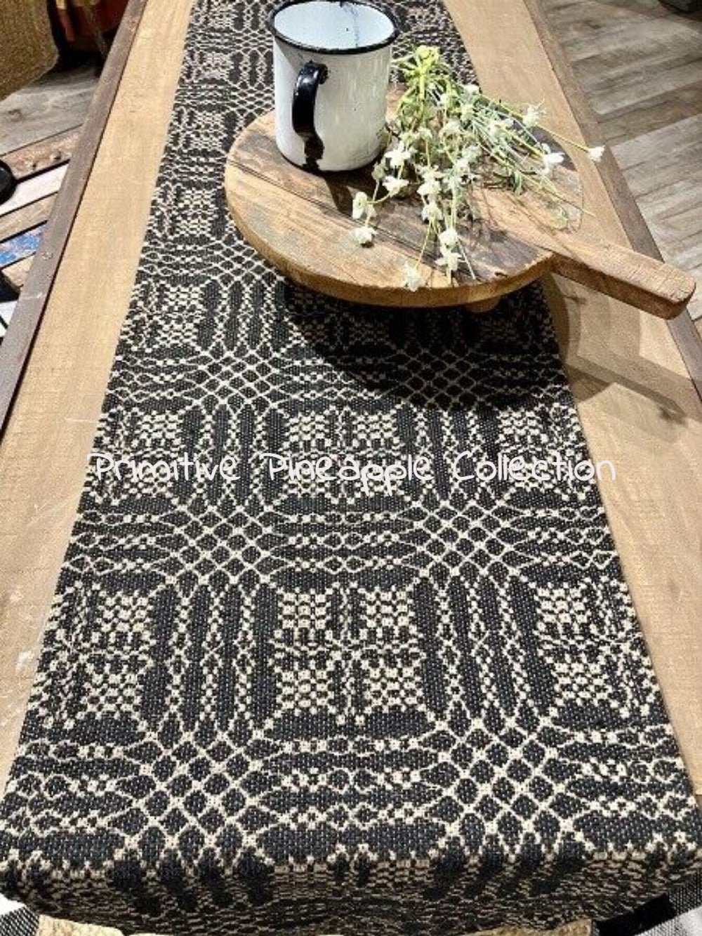 Primitive Nantucket Weave Black and Tan 14" x 56" Long Runner Farmhouse - The Primitive Pineapple Collection