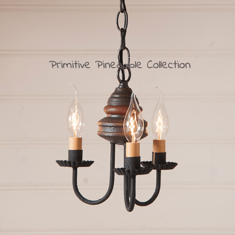 Primitive Colonial 3-Arm Bellview Wood Chandelier Americana Espresso - The Primitive Pineapple Collection