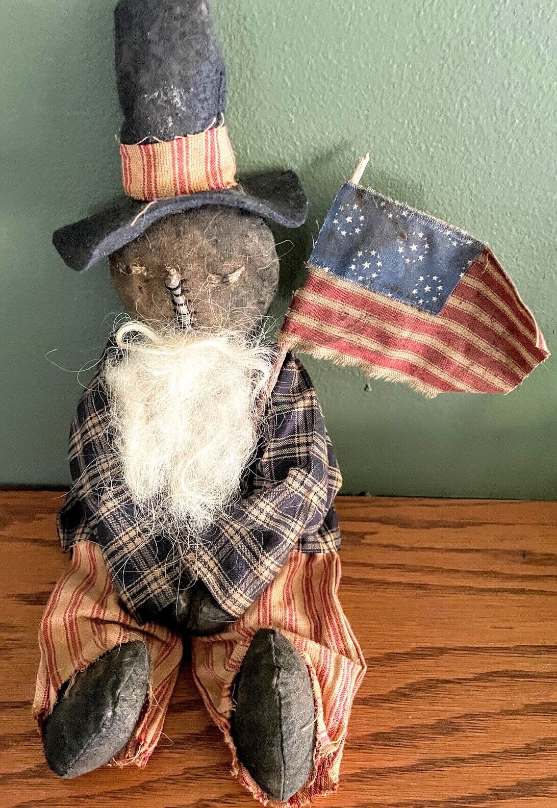 Primitive Handcrafted Patriotic Americana Black Uncle Sam Doll w/ Flag 14&quot; - The Primitive Pineapple Collection