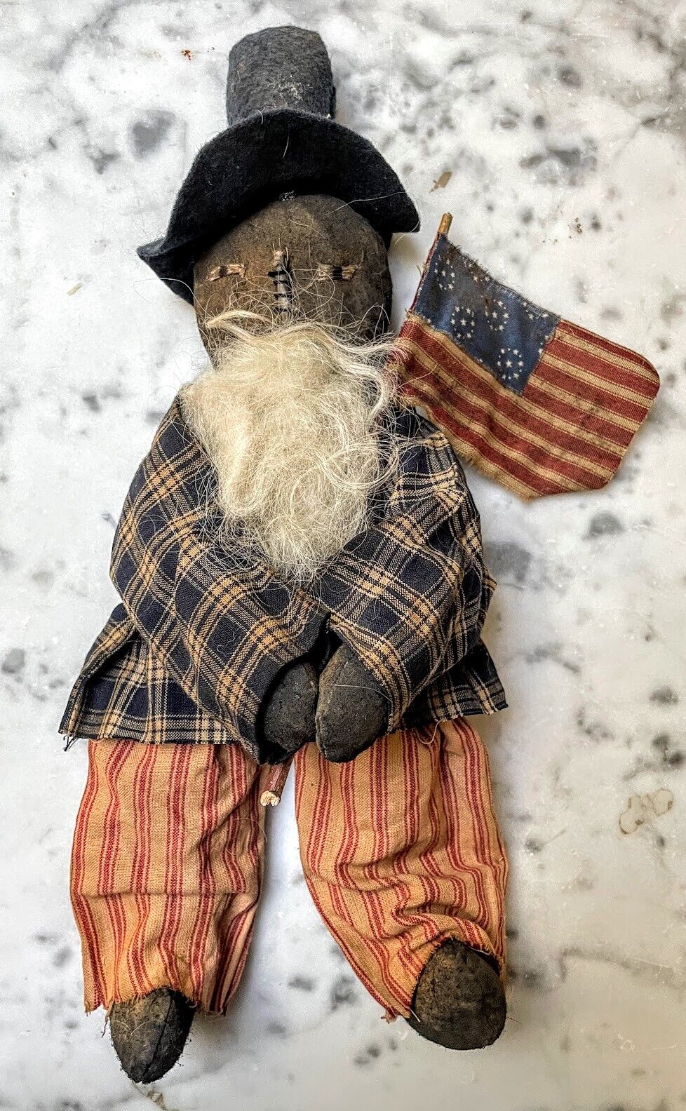 Primitive Handcrafted Patriotic Americana Black Uncle Sam Doll w/ Flag 14&quot; - The Primitive Pineapple Collection