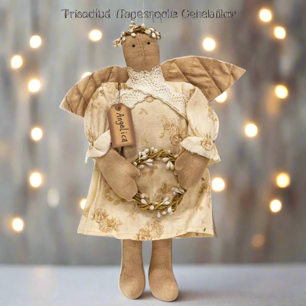 Primitive Farmhouse Angelica 10.5" Angel Doll w/ Pip Berry Wreath