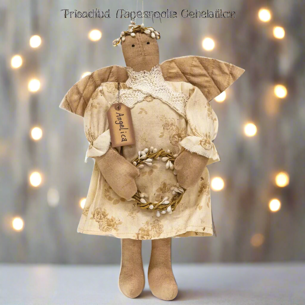 Primitive Farmhouse Angelica 10.5&quot; Angel Doll w/ Pip Berry Wreath