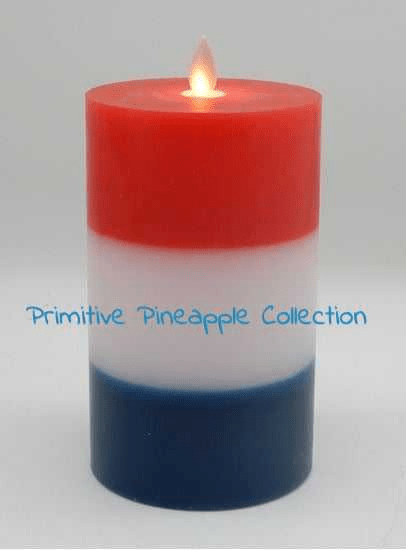 Americana 3.5&quot; x 6&quot; Red White and Blue Flickering Flameless LED Candle timer - The Primitive Pineapple Collection