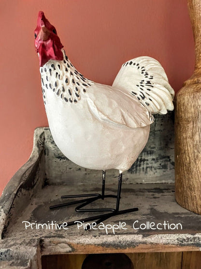 Primitive Farmhouse 6&quot; Resin White Chicken Rooster Figurine with wire Feet - The Primitive Pineapple Collection