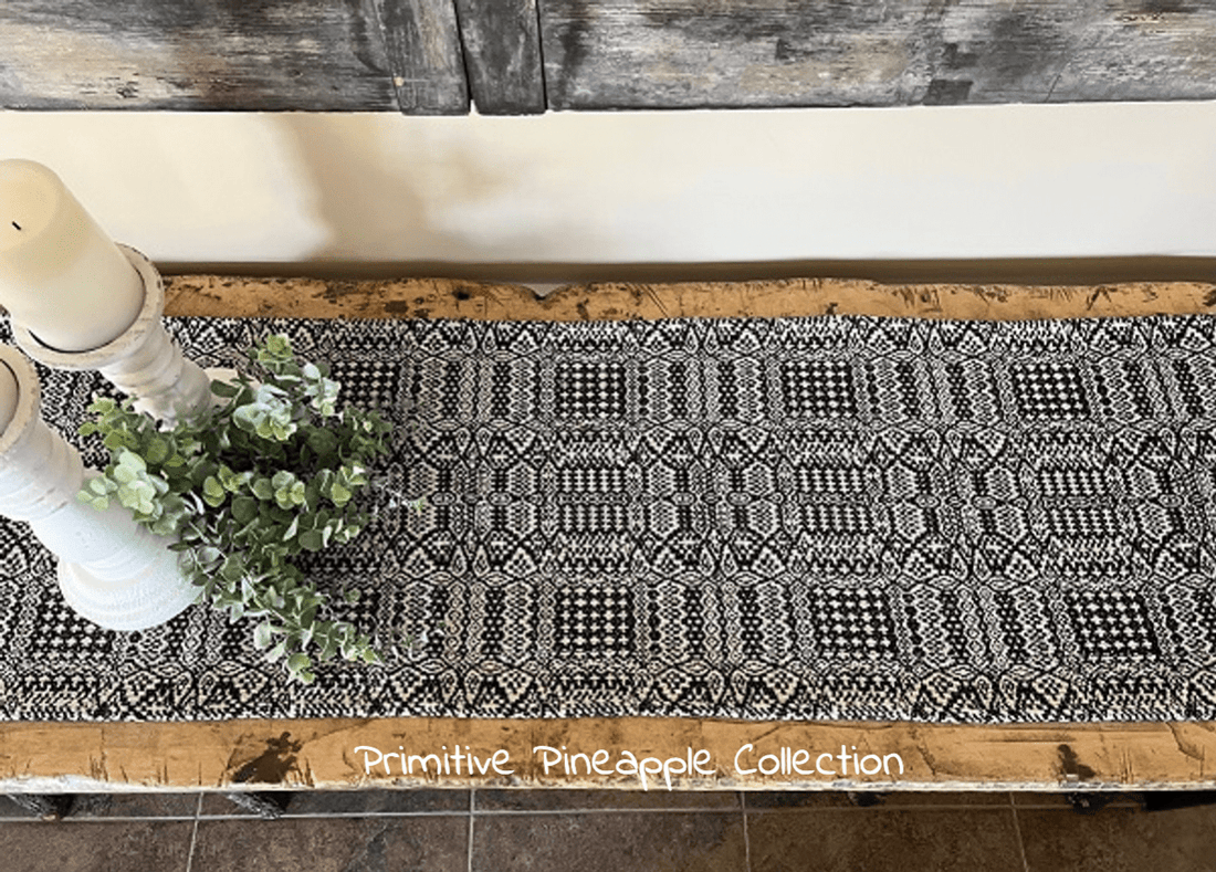 Primitive Abigail Black and Cream 14&quot; x 32&quot; Short Runner Textile Farmhouse - The Primitive Pineapple Collection