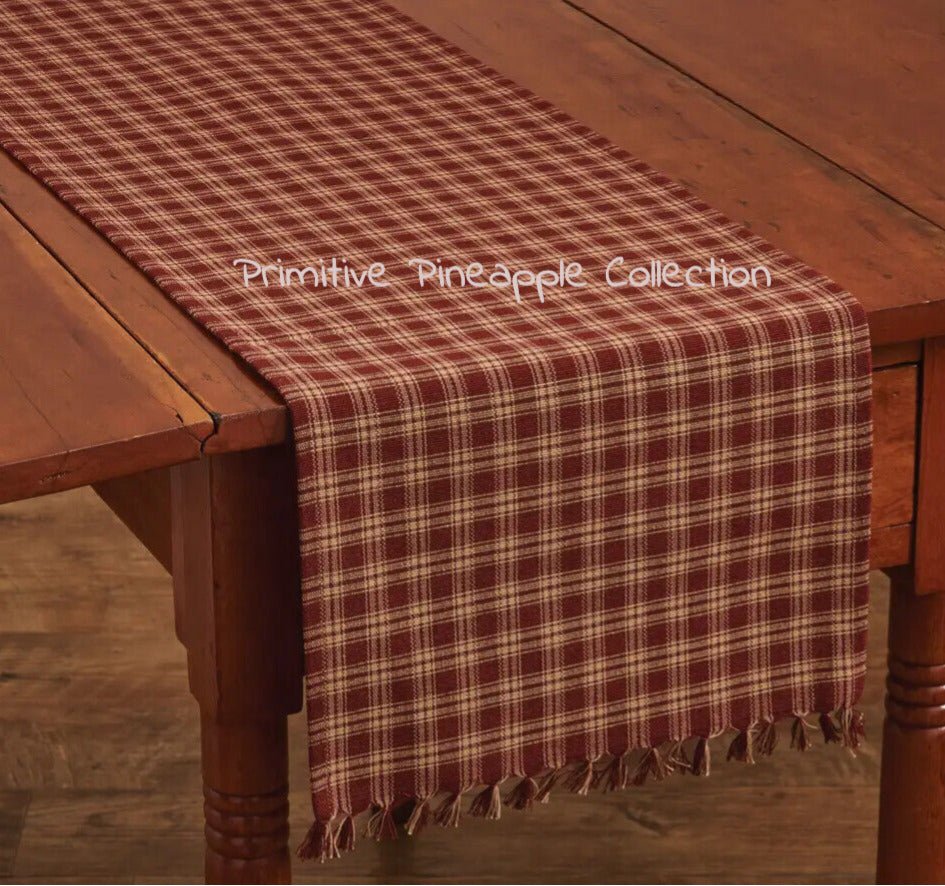 Primitive Sturbridge Wine w/ Fringed End 54&quot; Table Runner - The Primitive Pineapple Collection