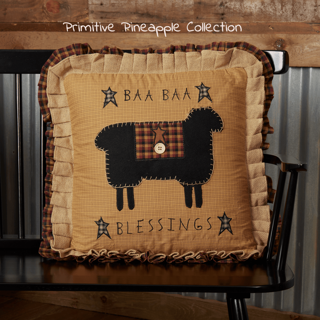 Primitive Farmhouse Heritage Farms Baa Baa Blessings Pillow w/ Fill 16x16&quot; - The Primitive Pineapple Collection