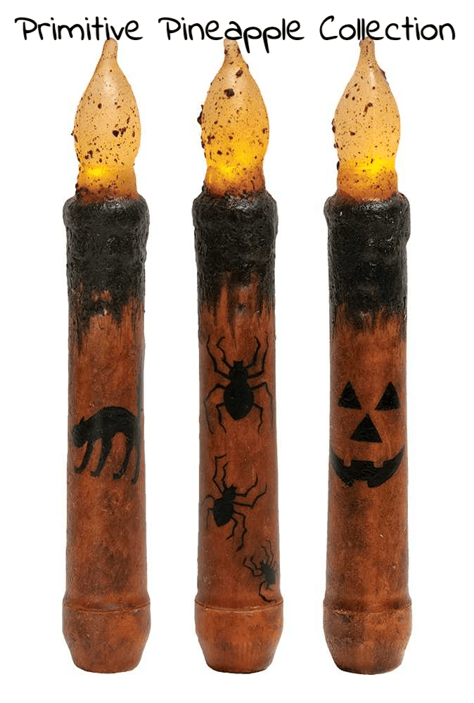 Primitive/Country 6.5" Halloween Taper Candle Timer Spider, JOL, Black Cat - The Primitive Pineapple Collection