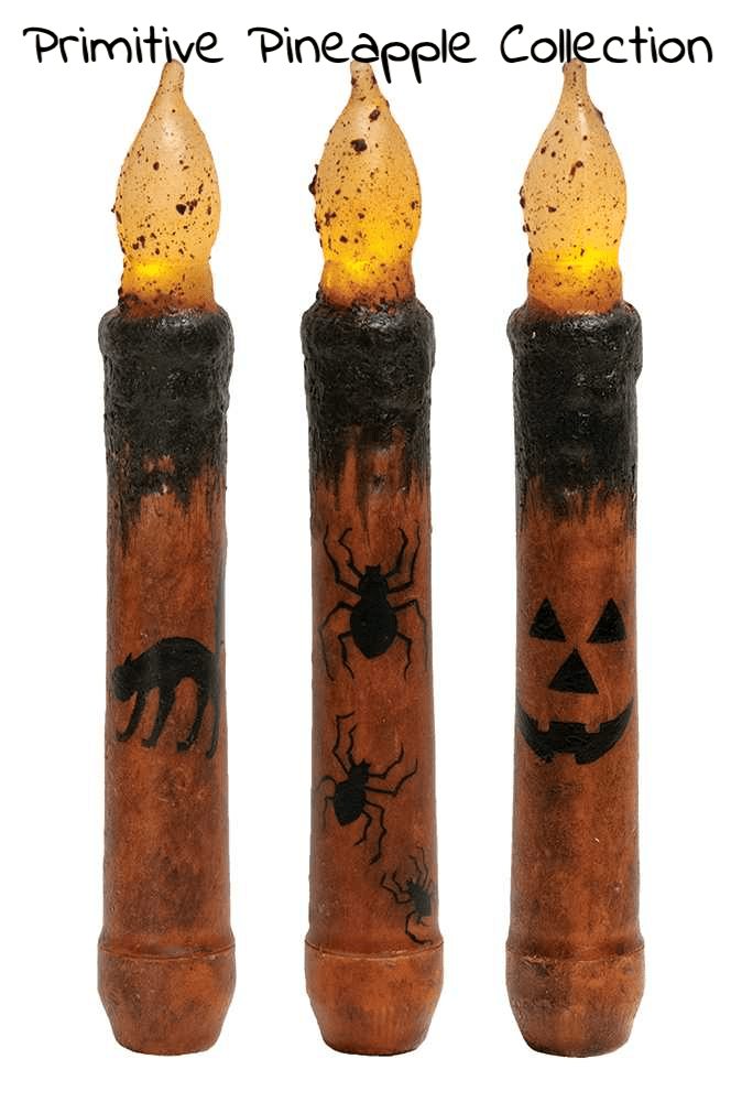Primitive/Country 6.5&quot; Halloween Taper Candle Timer Spider, JOL, Black Cat - The Primitive Pineapple Collection