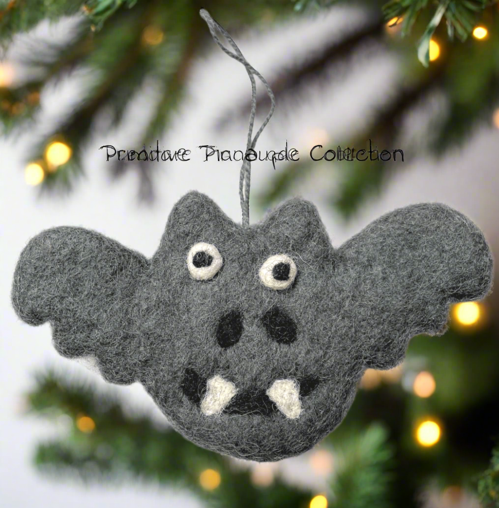 Primitive Handcrafted Wool Felted Halloween Spooky Bat Ornament - The Primitive Pineapple Collection