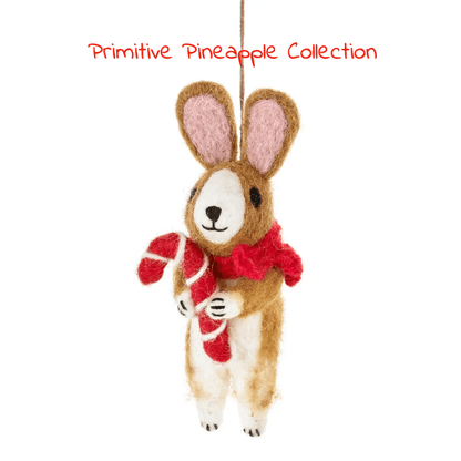 Primitive Handcrafted Wool Felt Christmas Cinnamon Rabbit w/ Candy Cane Ornament - The Primitive Pineapple Collection
