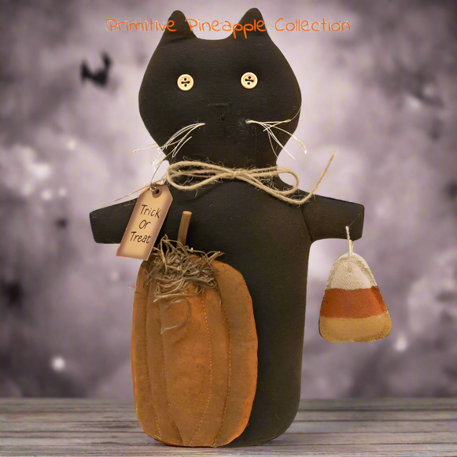 Primitive Farmhouse 9.5" Black Scaredy Cat Fabric Shelf Sitter Doll - The Primitive Pineapple Collection