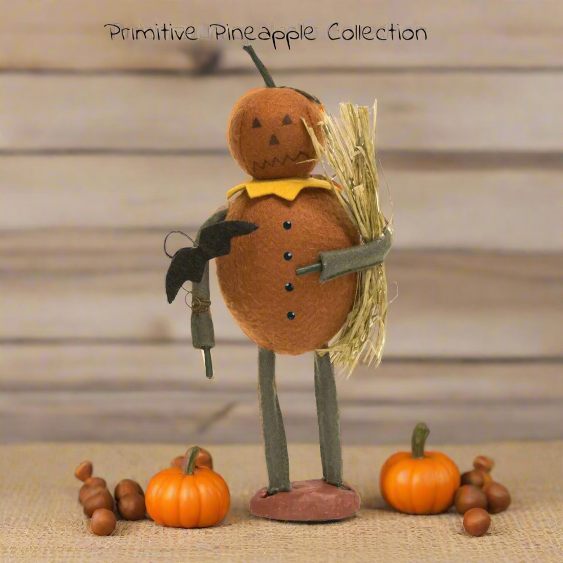 Primitive Country Halloween Little Buddy w/ Bat Pumpkin Man Standing Figurine 5&quot; - The Primitive Pineapple Collection