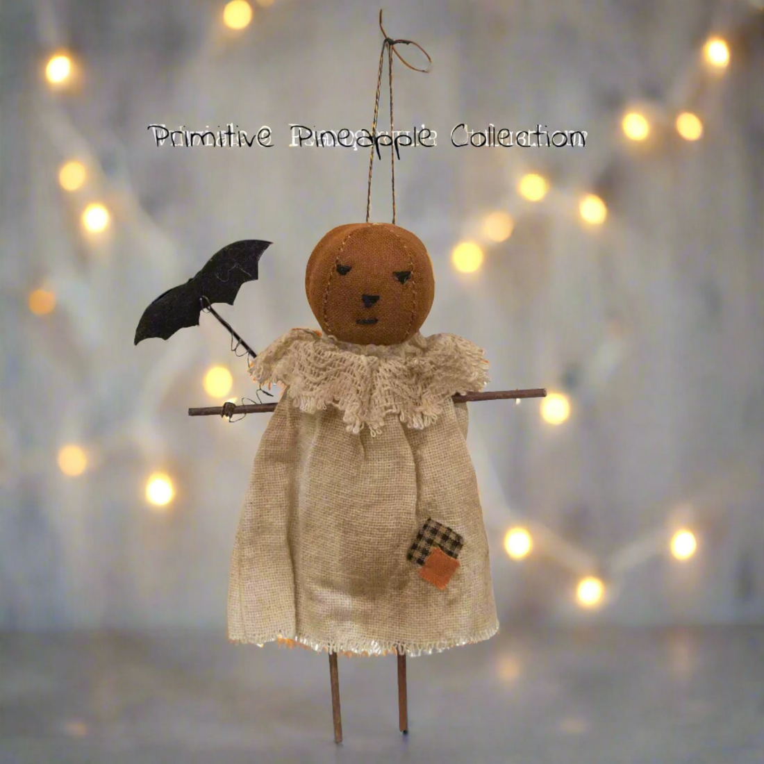 Primitive Country Halloween Patches Pumpkin Girl w/ Bat Ornament 6.5" Hanging