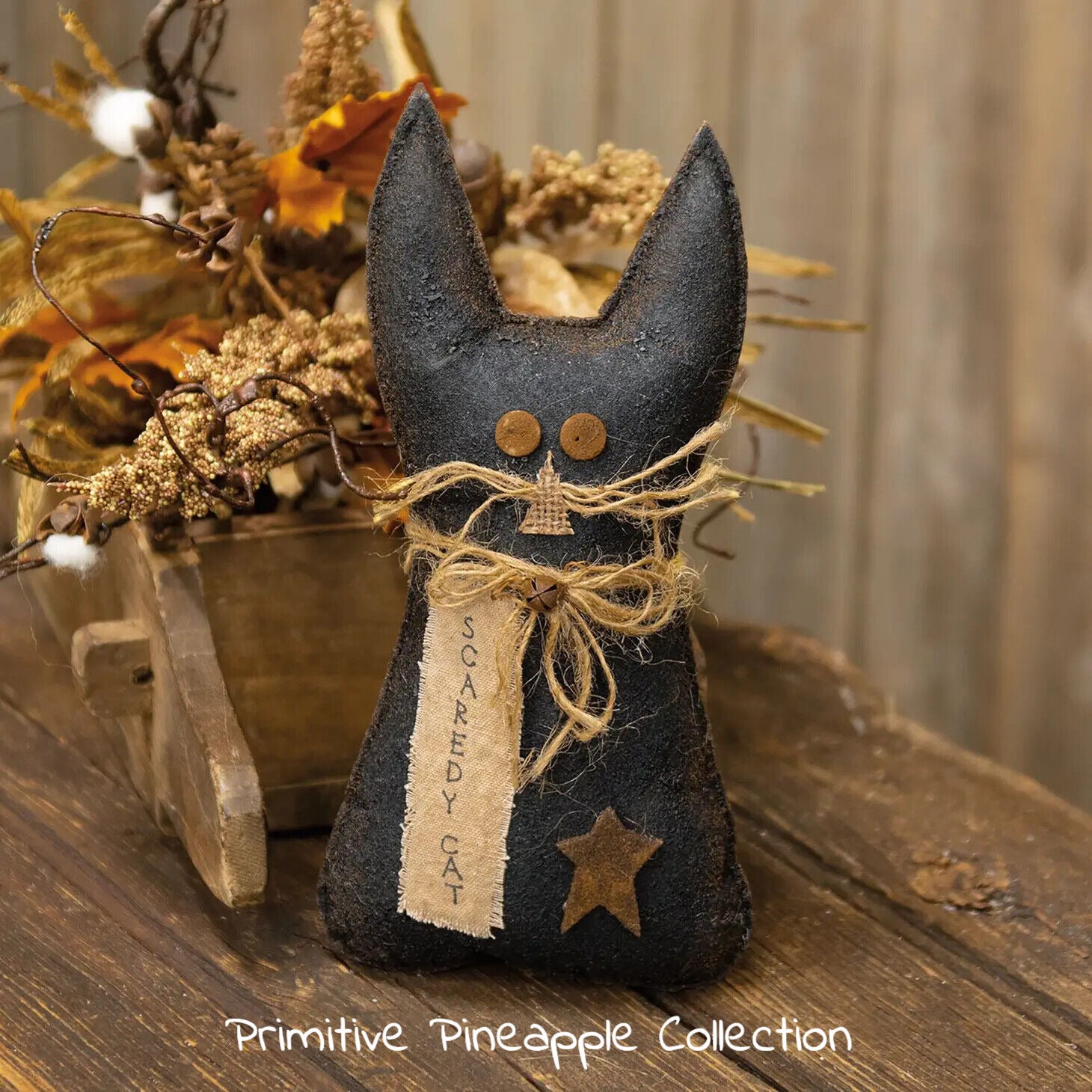 Primitive Farmhouse 9.5&quot; Black Scaredy Cat Fabric Shelf Sitter Doll - The Primitive Pineapple Collection