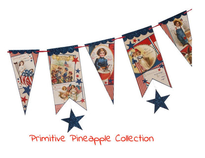 Bethany Lowe Patriotic Folk Art Americana Garland 60&quot; - The Primitive Pineapple Collection