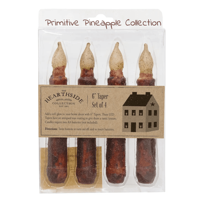 Primitive Country 6&quot; 4 pc Burnt Burgundy Taper Candles Grungy Farmhouse Style - The Primitive Pineapple Collection