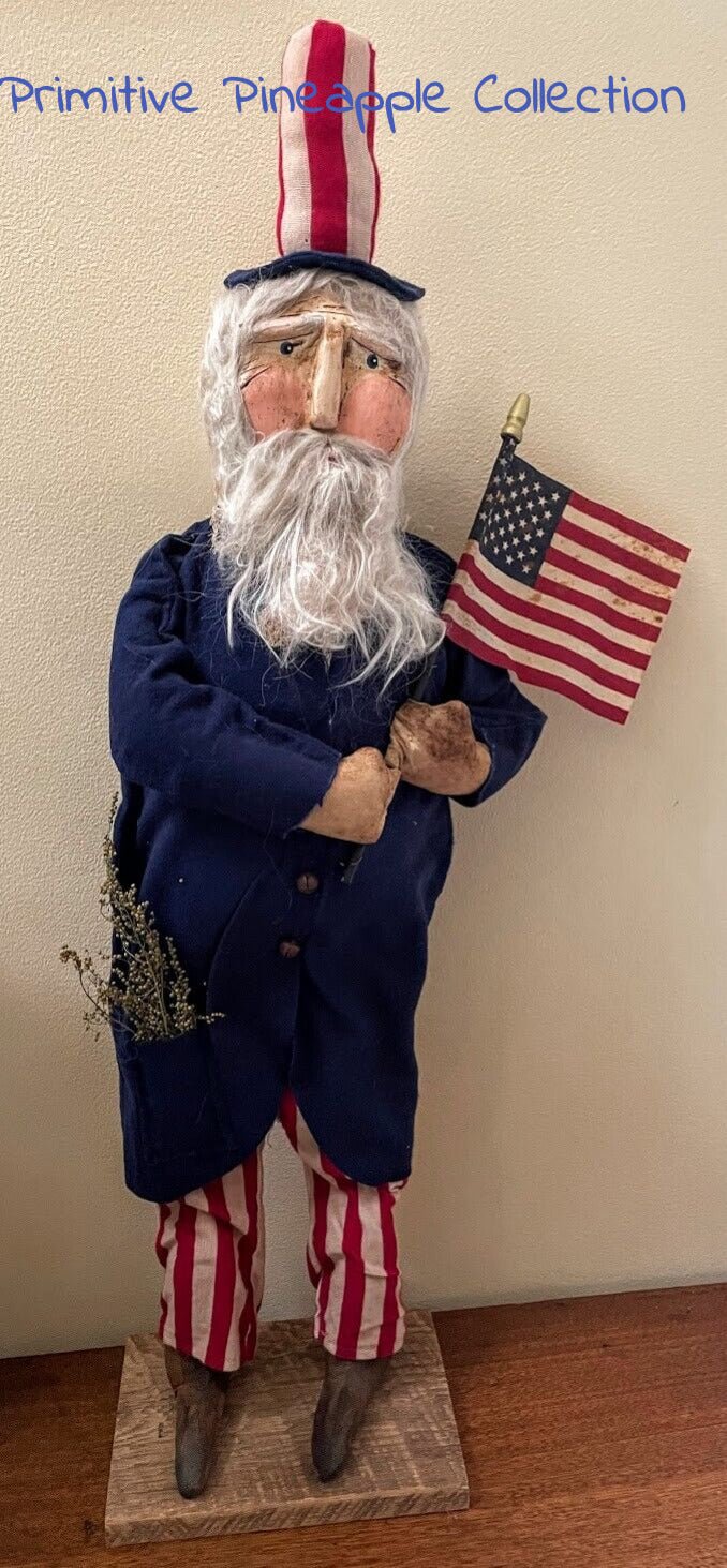 Primitive Early American Hand Sculpted Uncle Sam Clay Face Doll On Stand 27&quot; - The Primitive Pineapple Collection