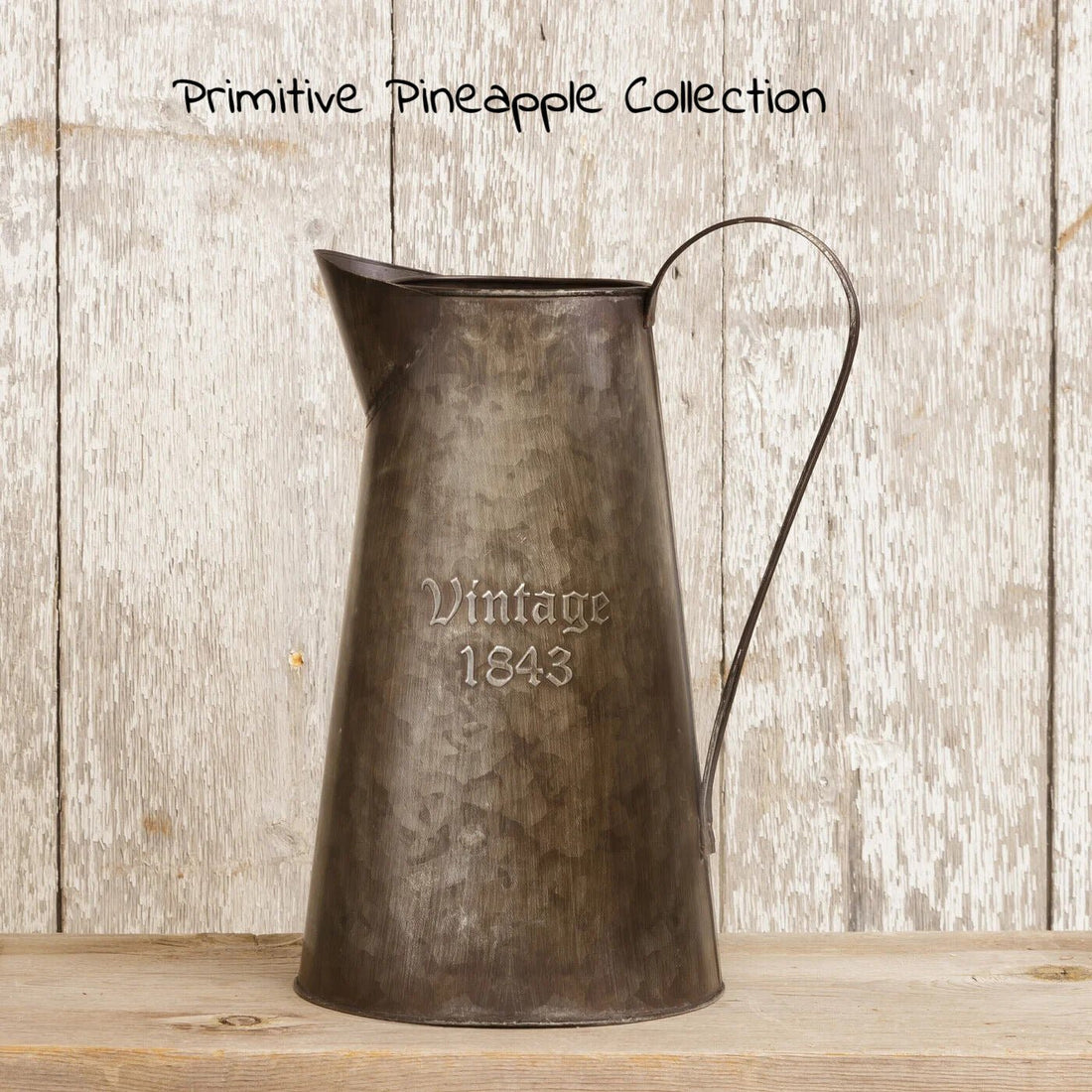 Primitive Colonial Reproduction 1843 Metal Embossed Pitcher 11" Farmhouse Style - The Primitive Pineapple Collection