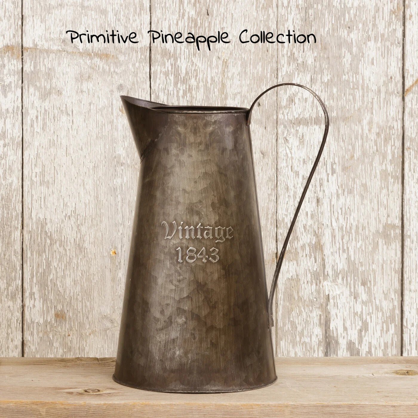 Primitive Colonial Reproduction 1843 Metal Embossed Pitcher 11&quot; Farmhouse Style - The Primitive Pineapple Collection