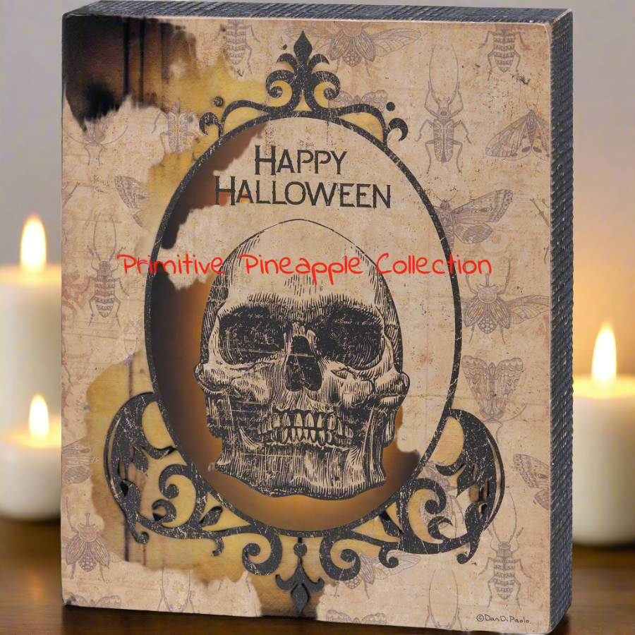 Primitive Retro Halloween Happy Halloween Skull Box Sign 10&quot; - The Primitive Pineapple Collection