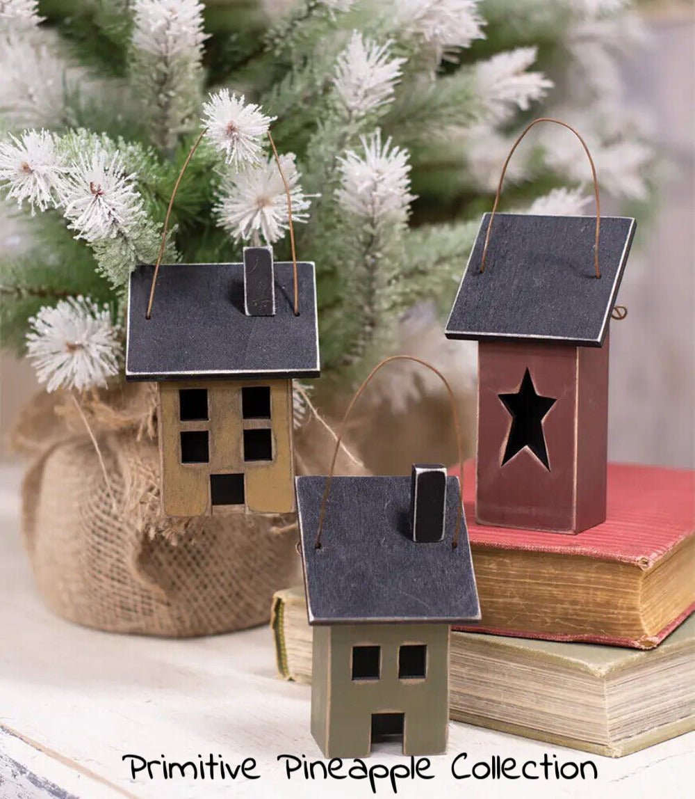 Primitive Rustic Farmhouse Wood Saltbox House Ornaments 3pc Set - The Primitive Pineapple Collection