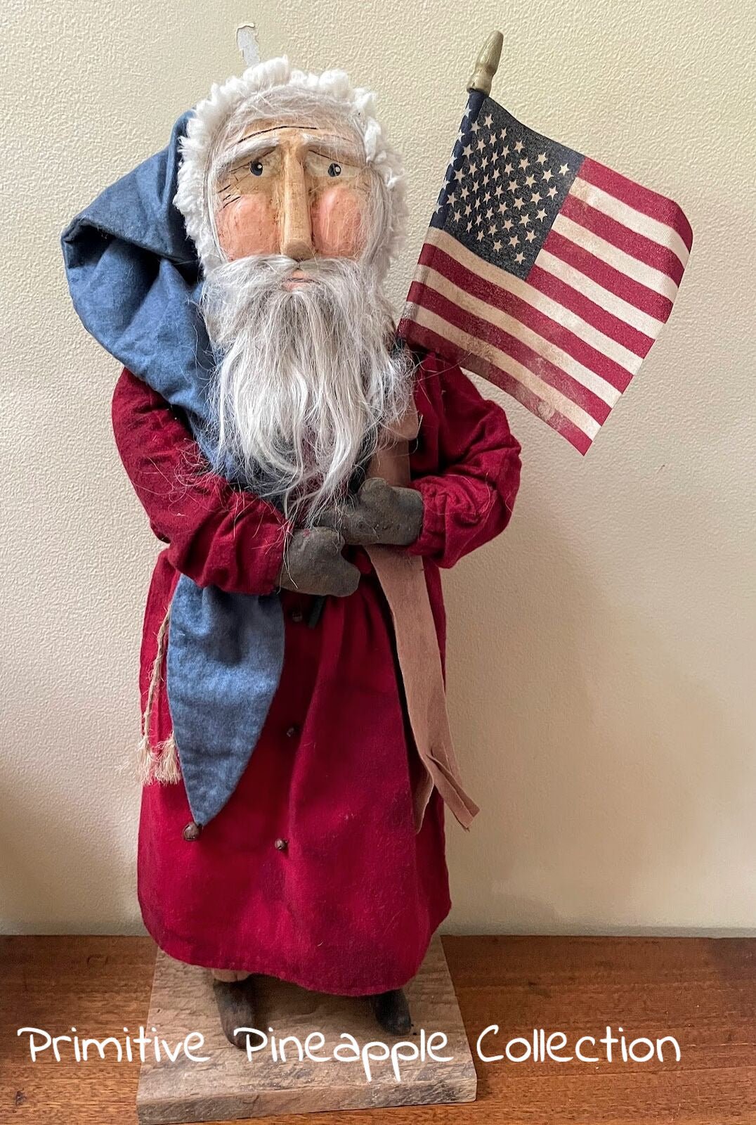 Primitive Early American Red Suit USA Santa Flag Clay Face Doll Stand 21&quot; - The Primitive Pineapple Collection