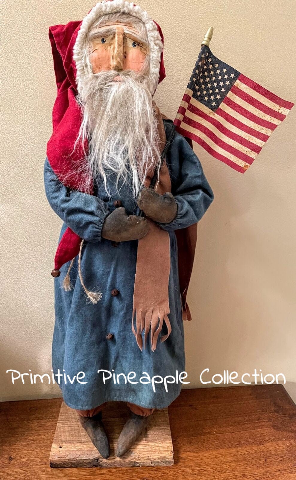Primitive Early American Hand Sculpted USA Santa Flag Clay Face Doll Stand 24&quot; - The Primitive Pineapple Collection
