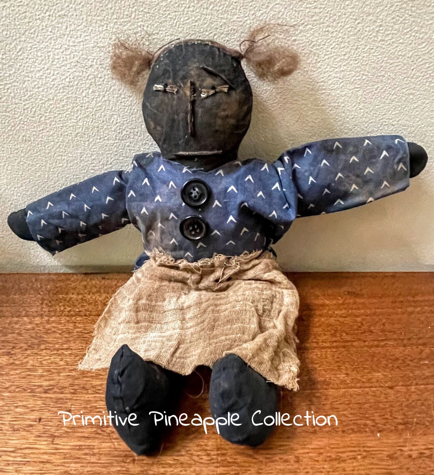 Primitive Farmhouse 12&quot; Libby Black Rag Doll Dress and Apron Handcrafted - The Primitive Pineapple Collection