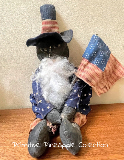 Primitive Handcrafted Patriotic Americana Black Uncle Sam Doll w/ Flag Stars 14&quot; - The Primitive Pineapple Collection