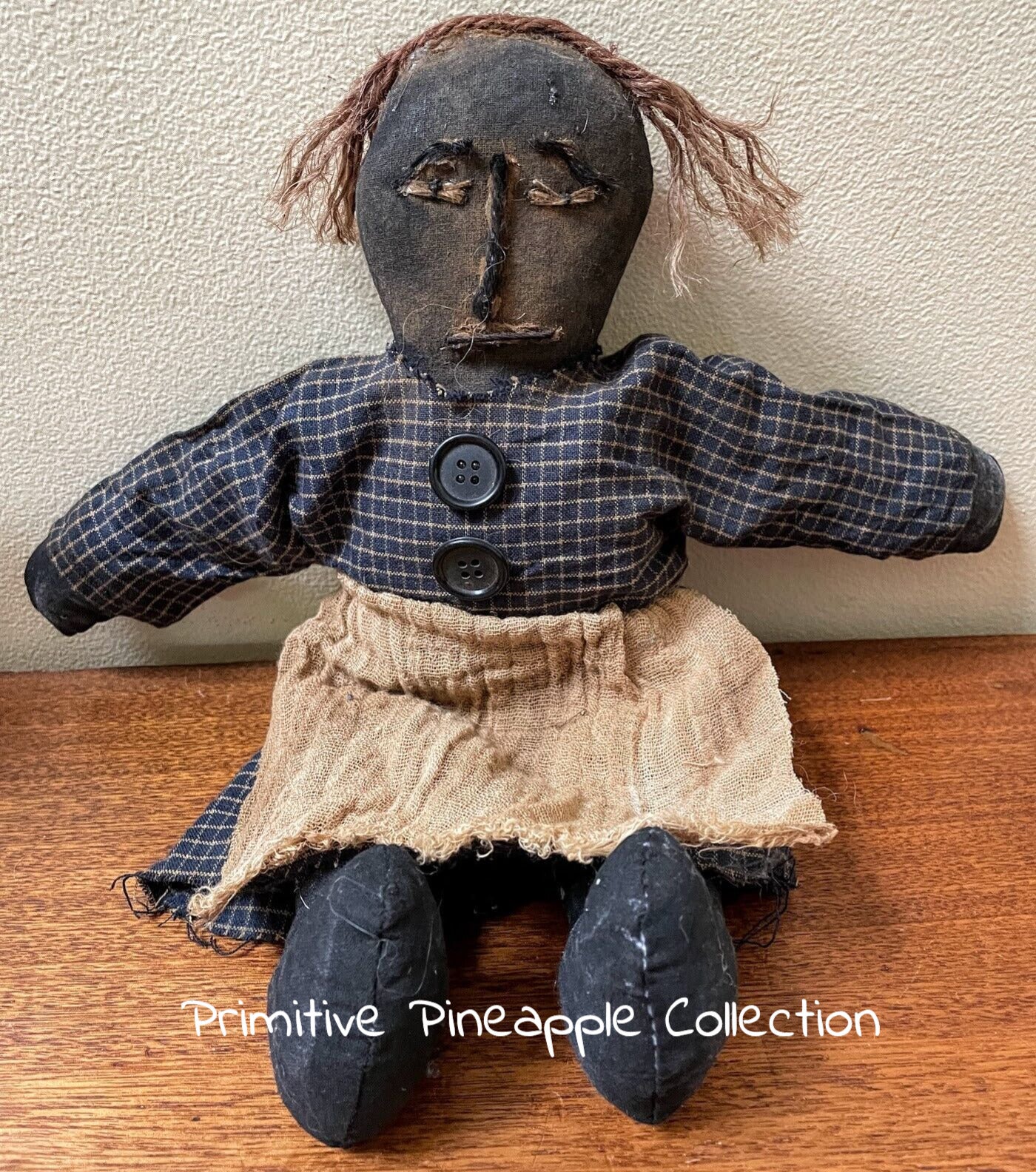 Primitive Farmhouse 12&quot; Betty Black Rag Doll Dress and Apron Handcrafted - The Primitive Pineapple Collection