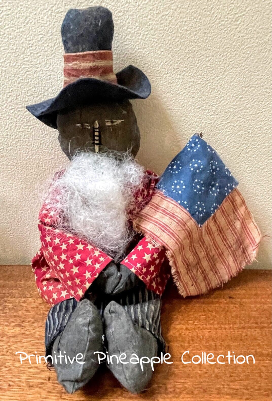 Primitive Early American Patriotic Americana Black Uncle Sam Doll w/ Flag 14&quot; - The Primitive Pineapple Collection