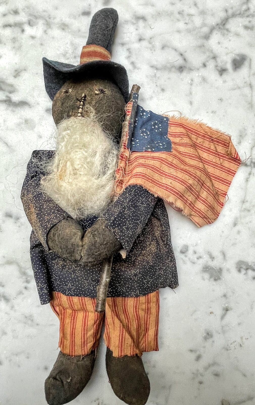 Primitive Colonial Patriotic Americana Black Uncle Sam Doll w/ Flag 14&quot; - The Primitive Pineapple Collection