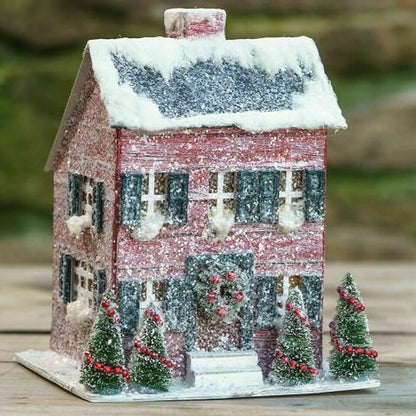 Primitive/Colonial Reproduction 8&quot; Light up Putz Red Snowy House - The Primitive Pineapple Collection