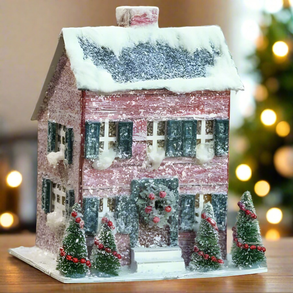 Primitive/Colonial Reproduction 8" Light up Putz Red Snowy House - The Primitive Pineapple Collection