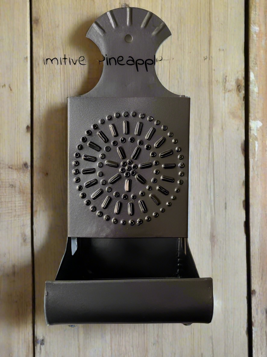 Primitive Colonial Wall Decor Black Punched Tin Matchbox Holder 8" - The Primitive Pineapple Collection