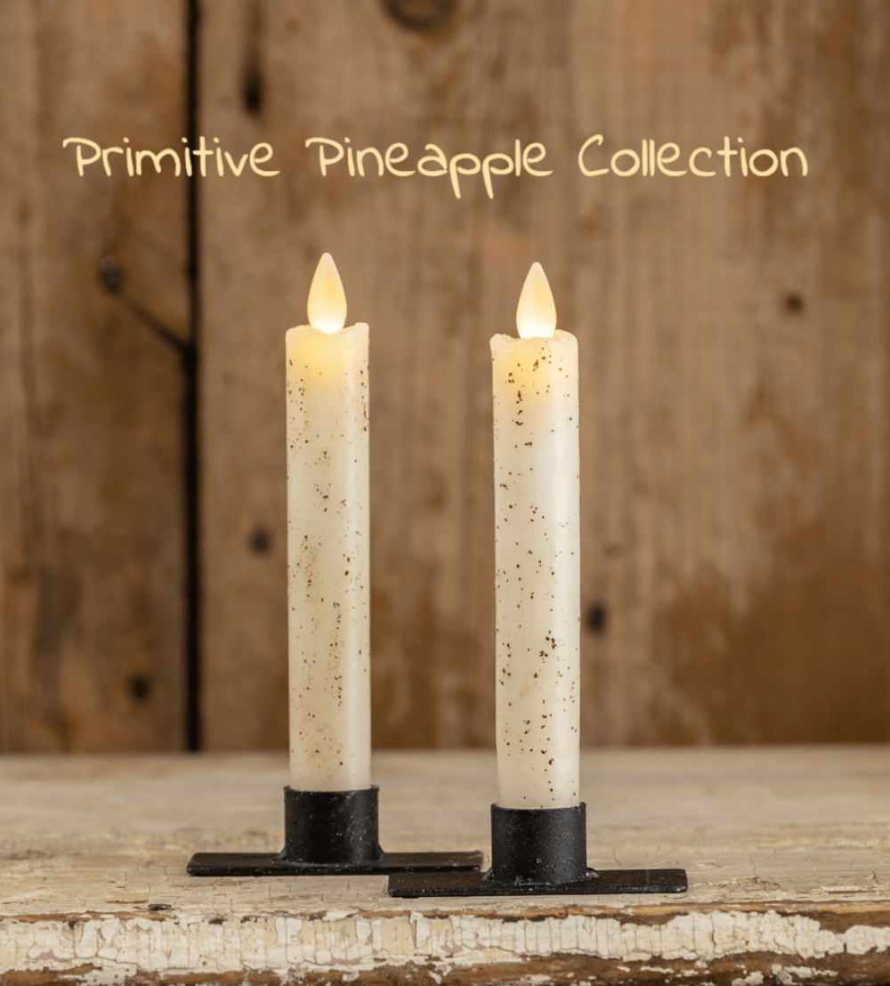 Primitive Country 6.75&quot; Moving Flame 2 pc Cream Flicker Taper Candle 6hr timer - The Primitive Pineapple Collection