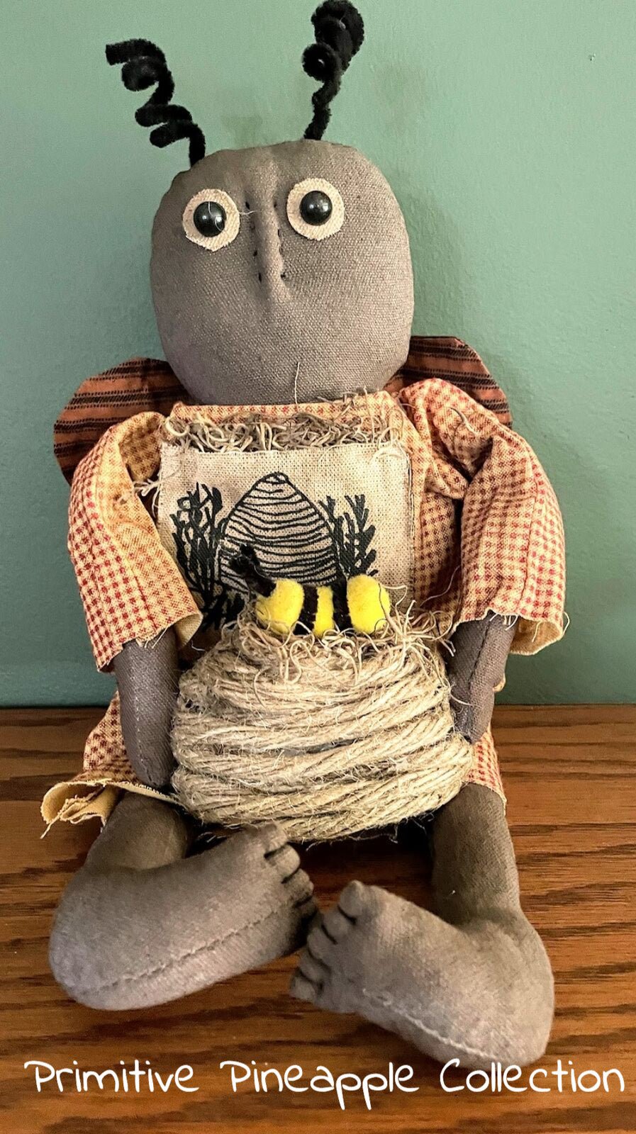 Primitive Farmhouse 15" Black Girl Bee Doll w/ Skep - The Primitive Pineapple Collection