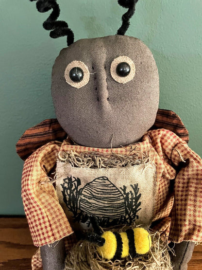 Primitive Farmhouse 15&quot; Black Girl Bee Doll w/ Skep - The Primitive Pineapple Collection