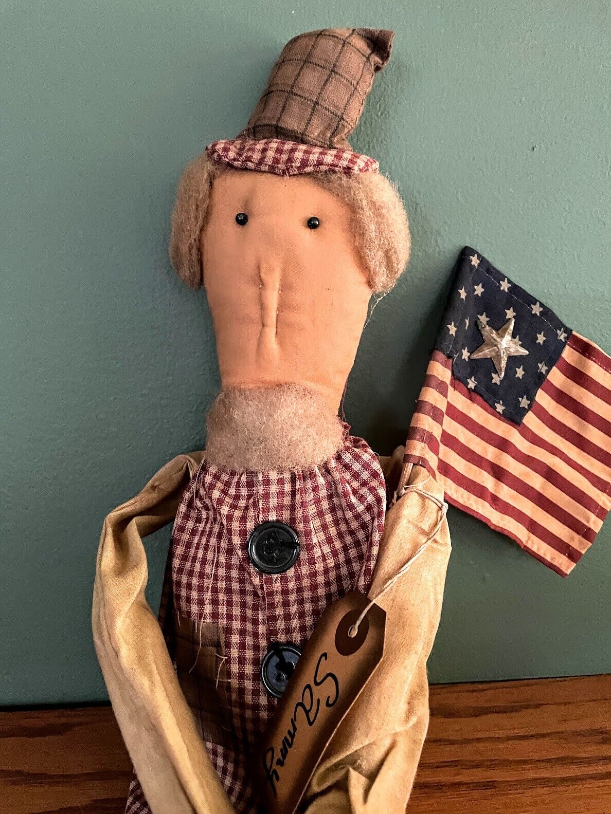 Primitive Farmhouse 22&quot; Americana Uncle Sammy Rag Doll with Flag - The Primitive Pineapple Collection