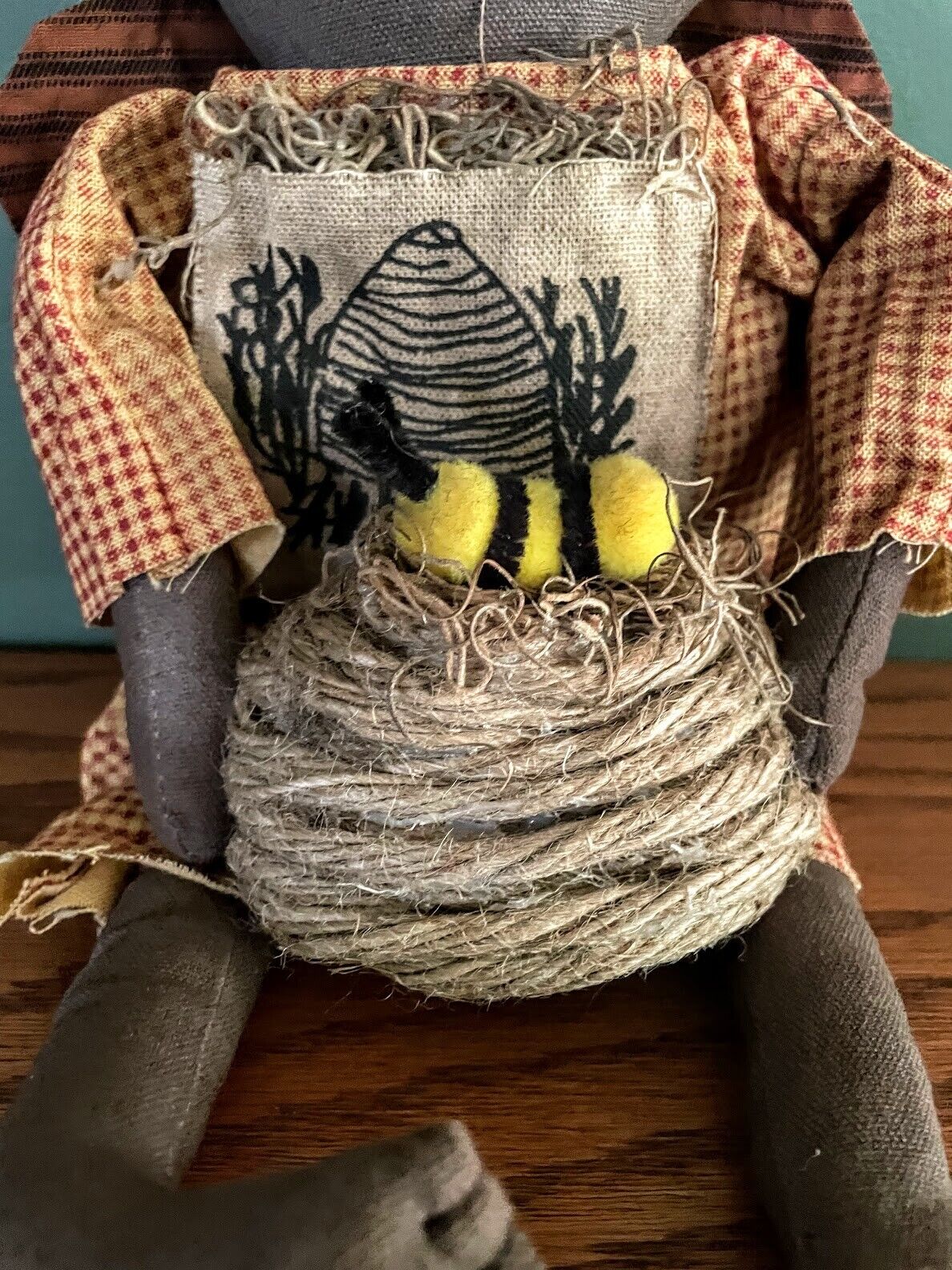 Primitive Farmhouse 15&quot; Black Girl Bee Doll w/ Skep - The Primitive Pineapple Collection