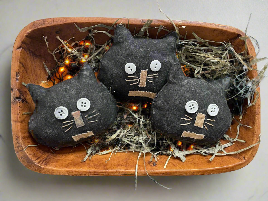 Primitive Farmhouse Handcrafted Whimsical Black Cat Bowl fillers 3 pc Set - The Primitive Pineapple Collection