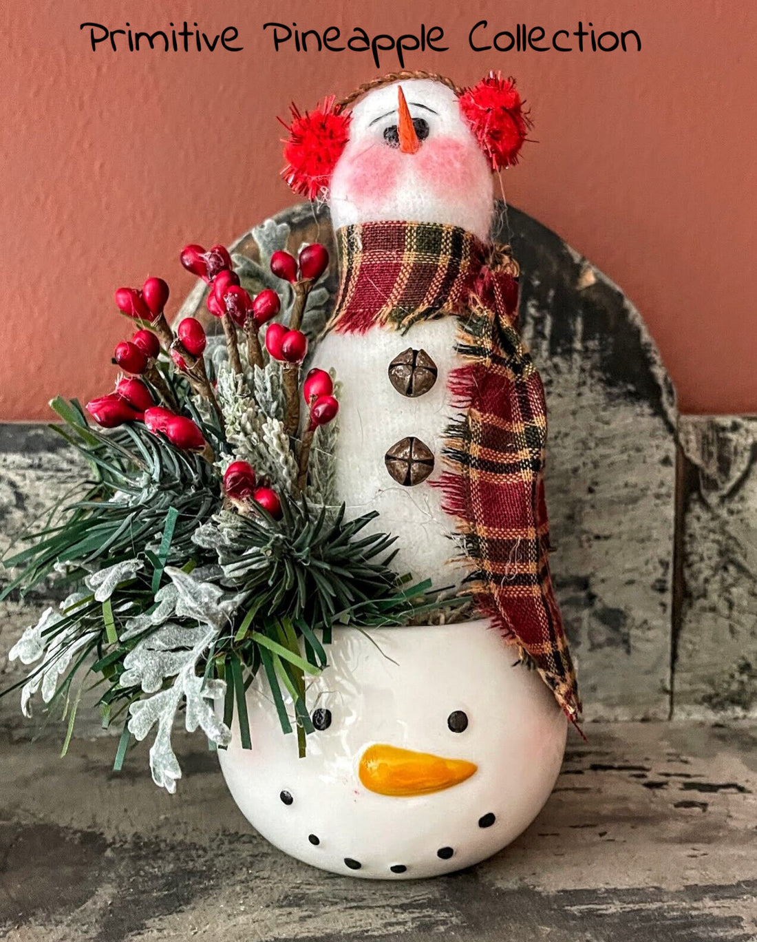 Farmhouse Country Handmade Snowman with Holiday Greens in Snowman Mug - The Primitive Pineapple Collection